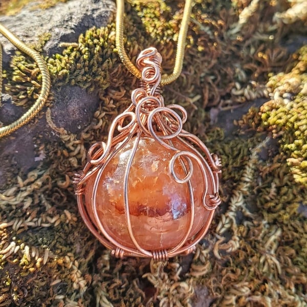 Image of Wire Wrapped Pumpkin Carnelian Pendant | Copper Wire Art | Sacral Chakra Crystal
