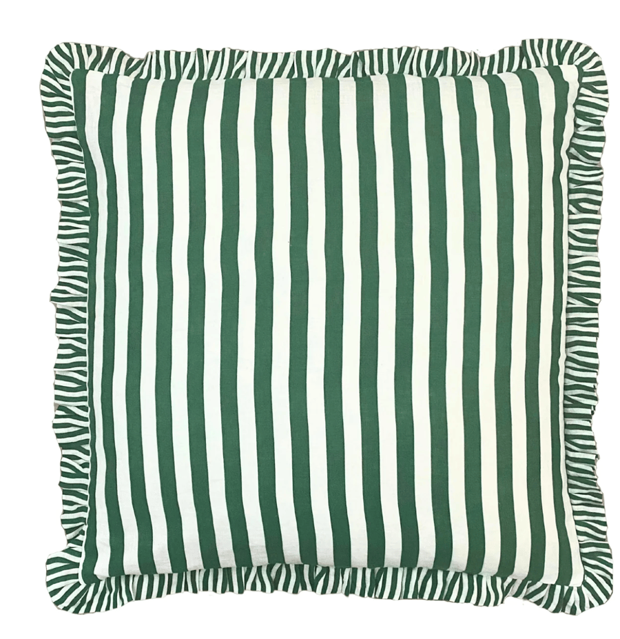 Image of Mint Green Stripe Ruffle Cushion.