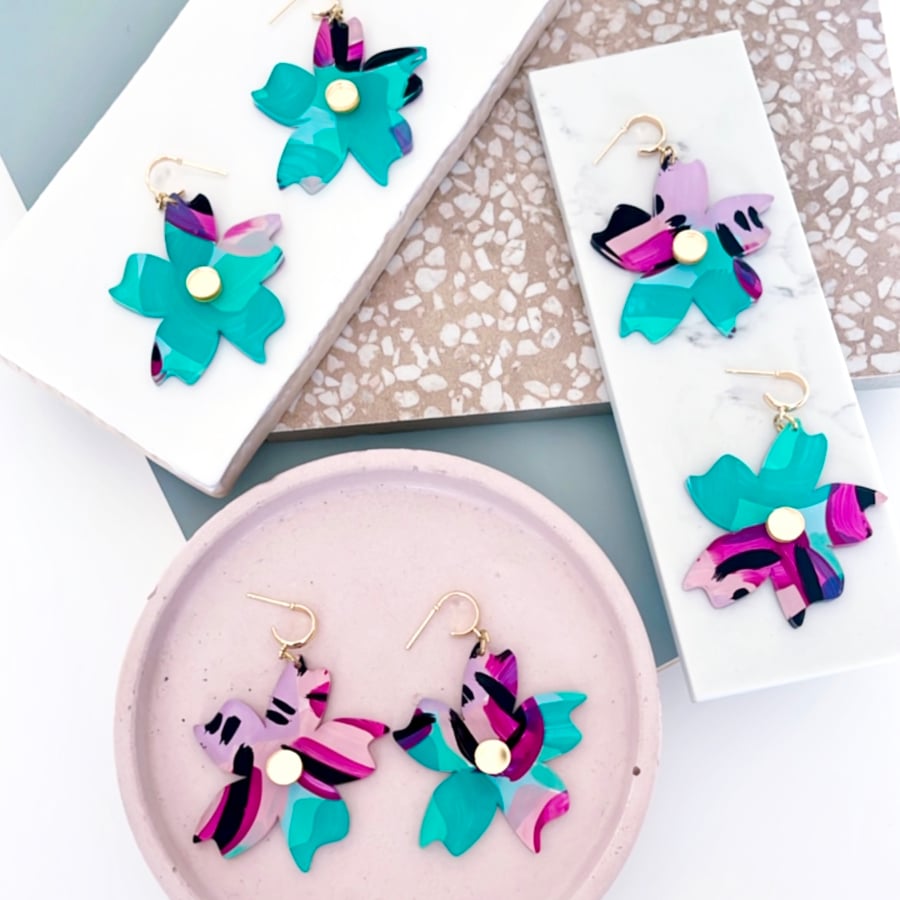 Image of Summer Floral (hand painted) Abstract Flower Dangles