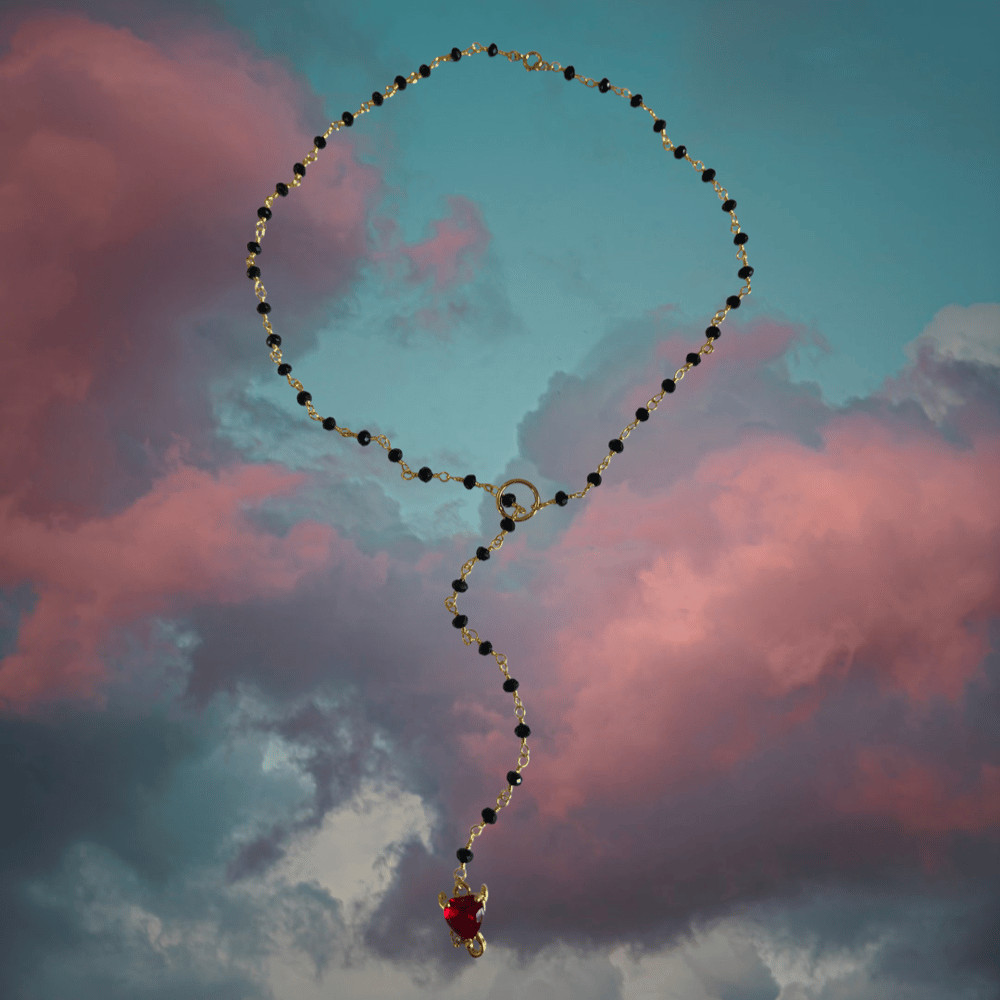 Image of -;- lil devil heart rosary lariat -;-