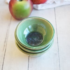 Image of Shimmering Green Prep Bowls, Set of Three Ceramic Handmade Pottery Bowls, Made in USA
