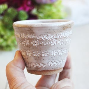 Image of Daisy Decorated Match Striker Cup, Handcrafted Stoneware Shot Glass, Made in USA