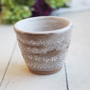 Image of Daisy Decorated Match Striker Cup, Handcrafted Stoneware Shot Glass, Made in USA