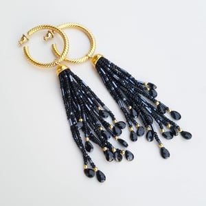 Vintage Hoop & Black Spinel Tassel Earrings 