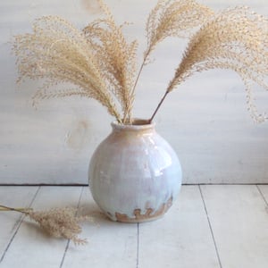 Image of Round Ceramic Vase in Dripping White and Ocher Glazes, Handmade Pottery, Made in USA