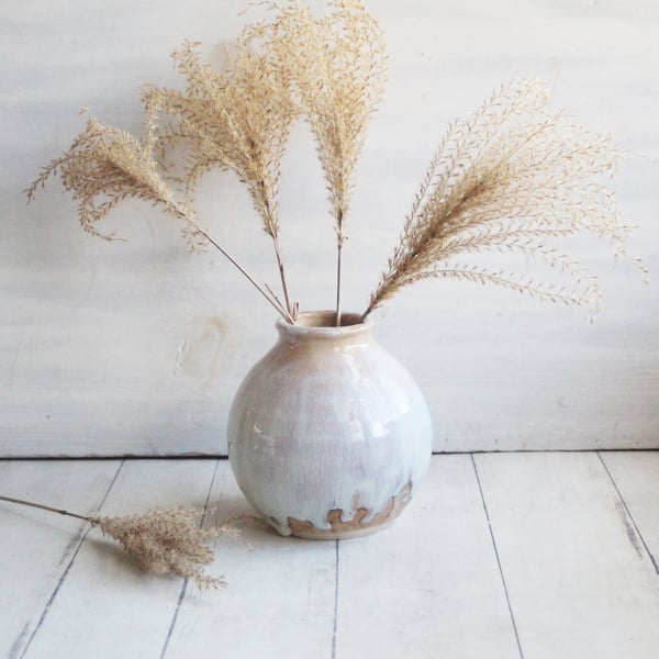 Image of Round Ceramic Vase in Dripping White and Ocher Glazes, Handmade Pottery, Made in USA