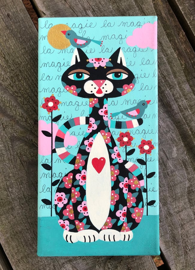 MAGICAL series - Black Cat with Birds 5"x10" canvas painting