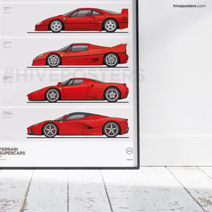 Ferrari 'BIG 5' Supercars Evolution Generations Poster 288GTO, F40, F50, Enzo, Laferrari