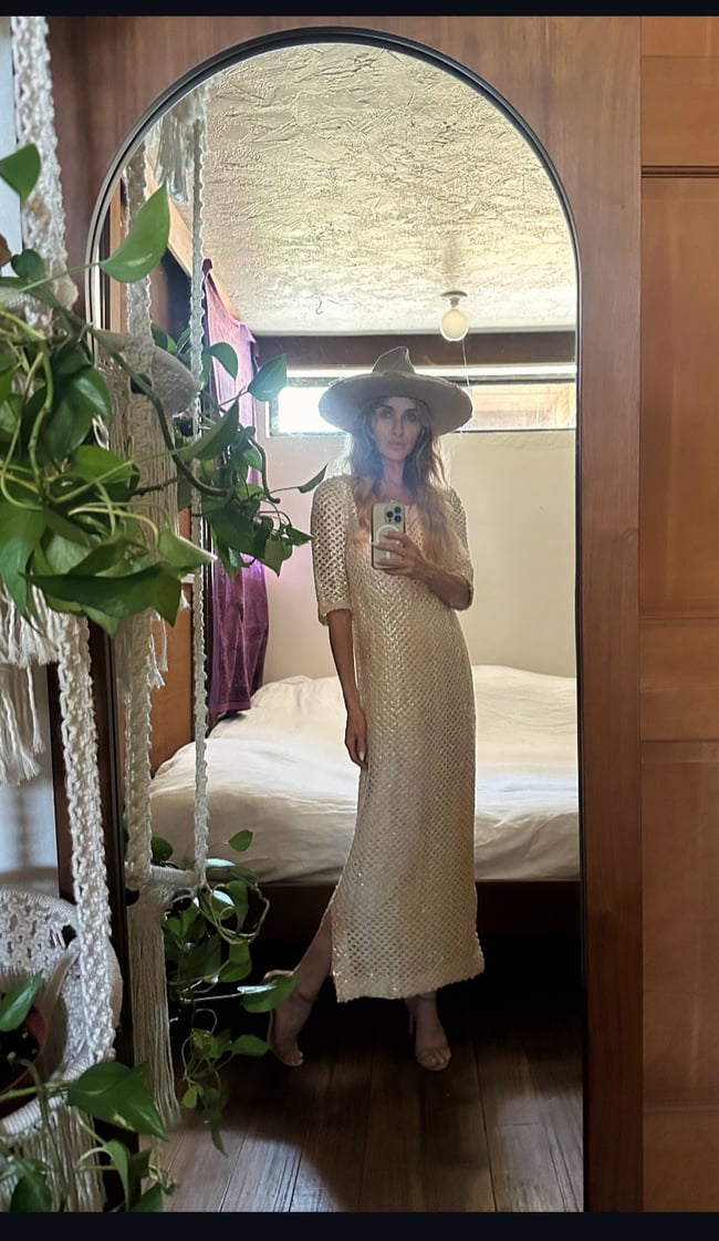 late 60s plunging low back champagne sequin crochet maxi dress