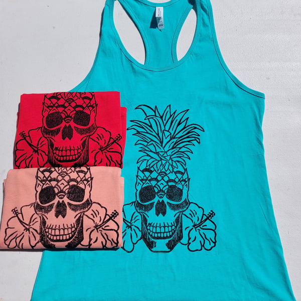 Image of Women's Pineapple Skull Tank Top | Lino Block Print | Limited Edition | Custom Handmade Design