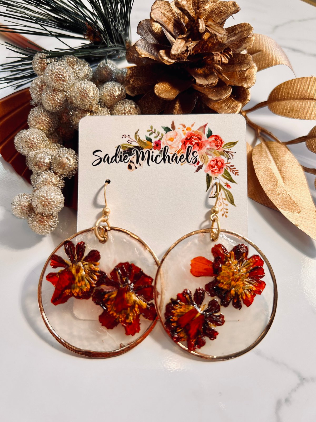 Pressed Orange Pollinators on Capiz Shell Earrings | Sadie Michaels