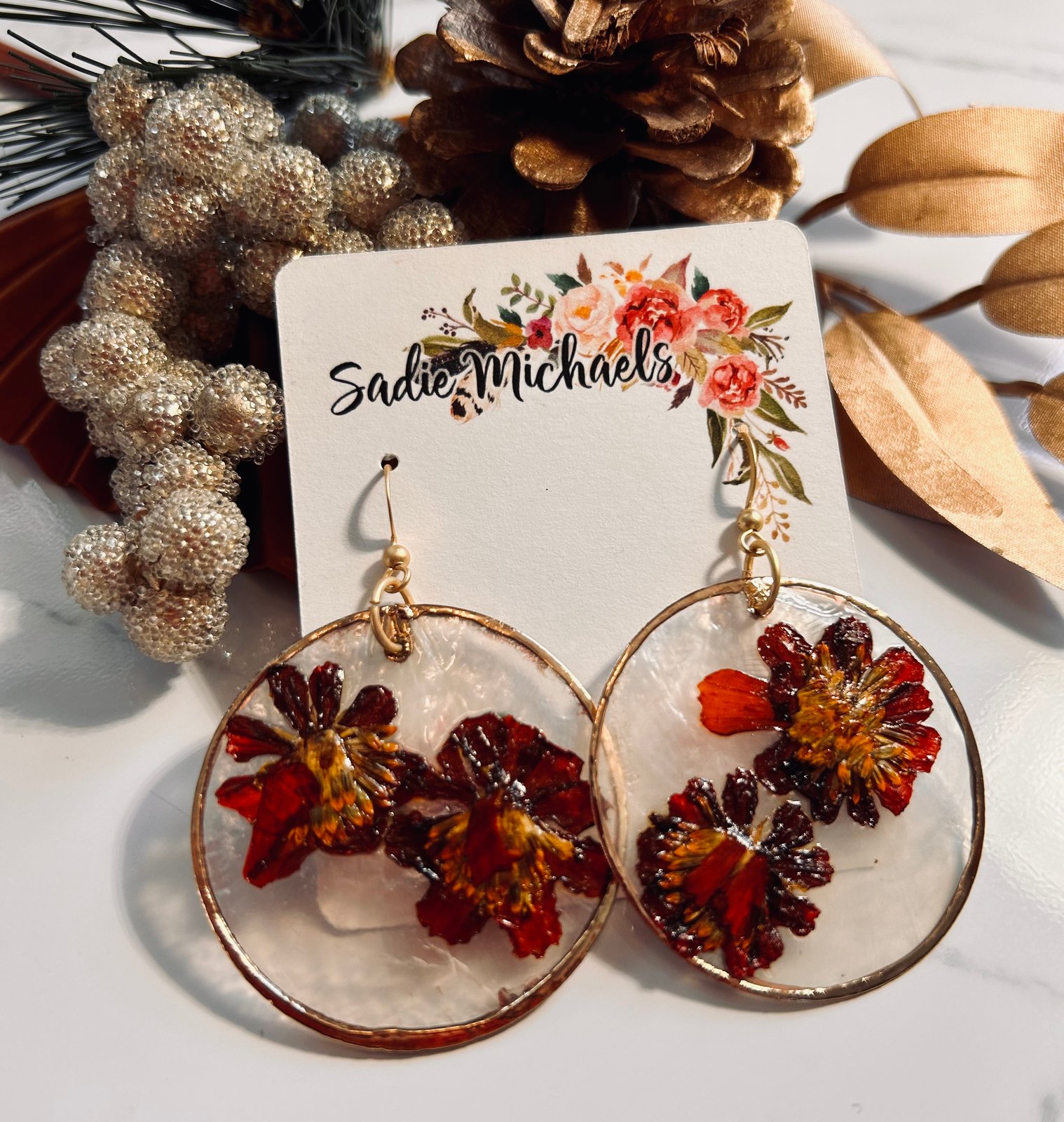 Pressed Orange Pollinators on Capiz Shell Earrings | Sadie Michaels