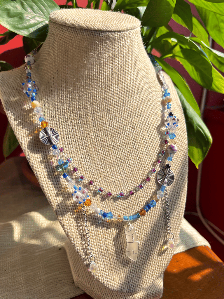 Layered White Sea Glass Blue Charm Necklace