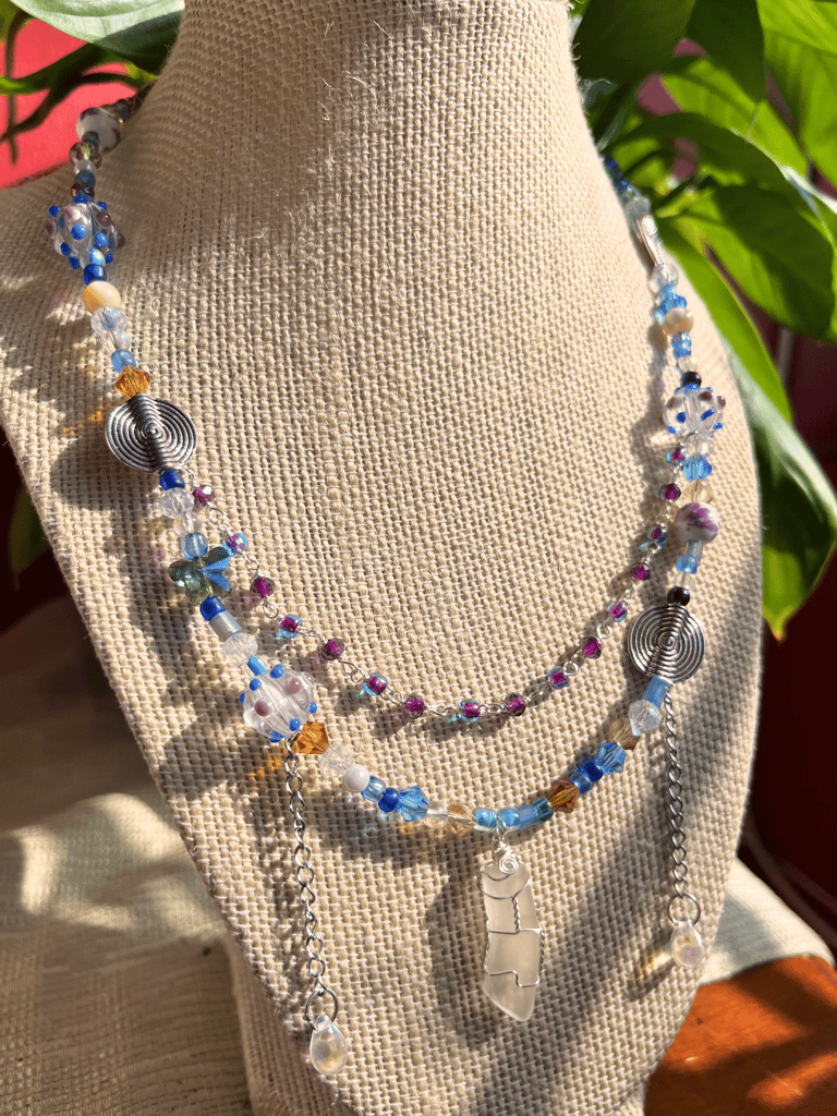 Layered White Sea Glass Blue Charm Necklace Image 2