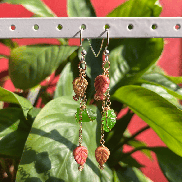 Green Sea Glass Fall Leaves Earrings