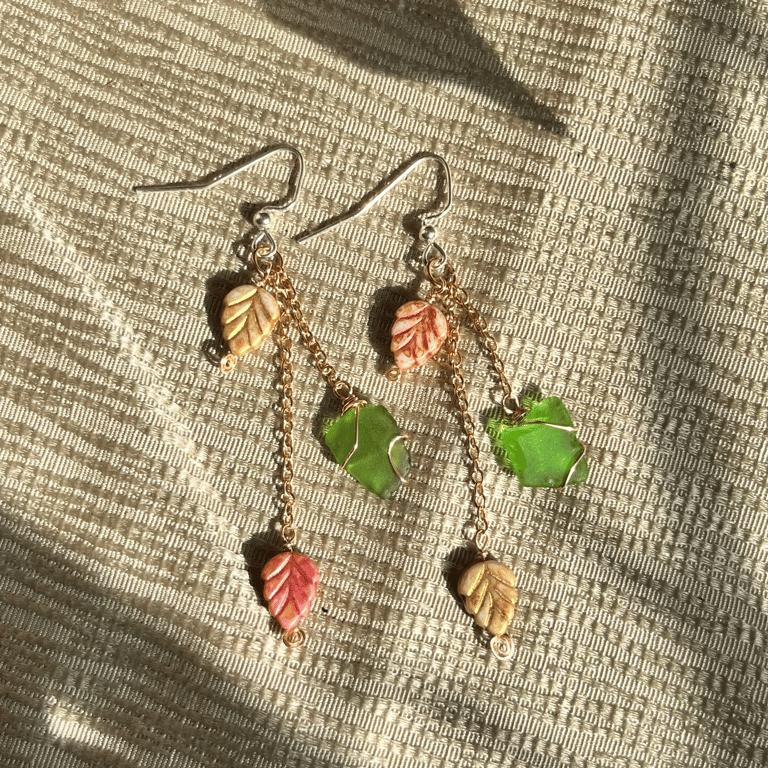 Green Sea Glass Fall Leaves Earrings Image 2