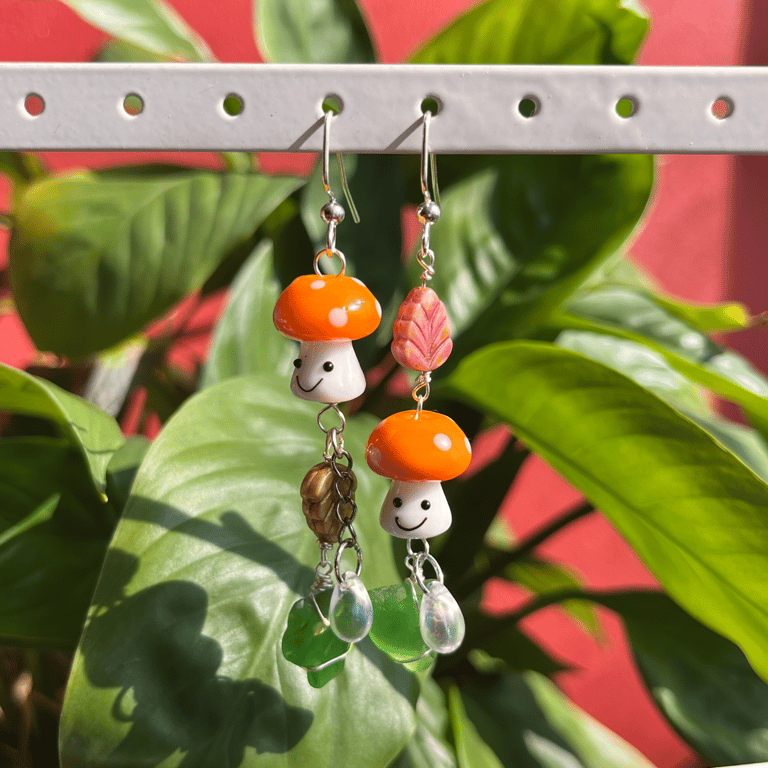 Orange Smiley Mushroom Sea Glass Earrings Image 2