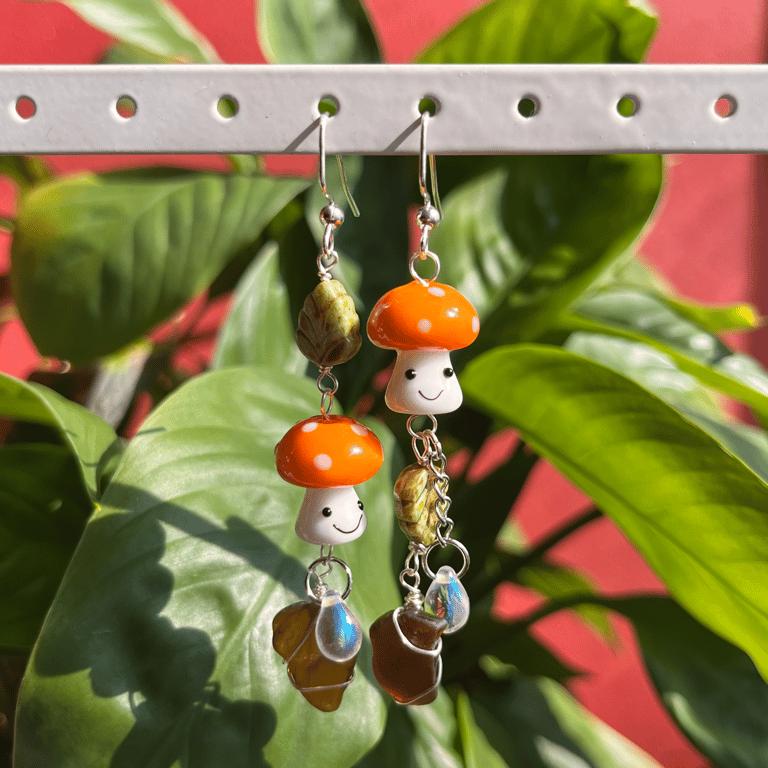 Orange Smiley Mushroom Sea Glass Earrings