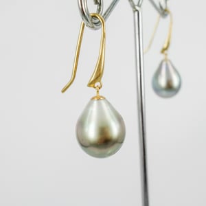 Image of 9ct yellow gold, platinum coloured Tahitian Pearl drop earrings. CP1171
