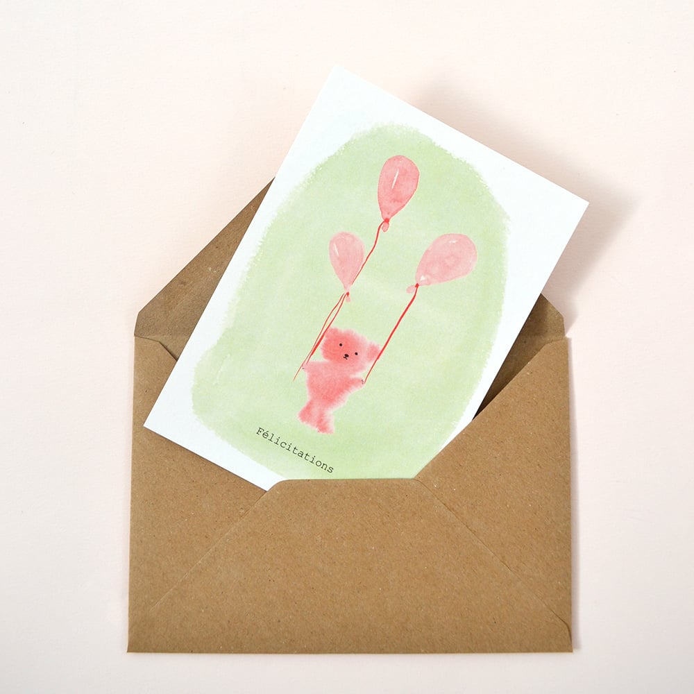 Image of CARTE POSTALE "félicitations ours rose"