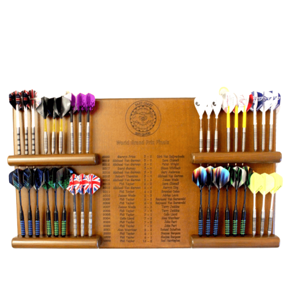 Image of Handcrafted Darts Holder World Grand Prix Engraved Winners Holds 12 Sets Wall Mounted