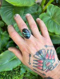 Image 4 of WL&A Handmade Heavy Ingot Black Jack Ribbon Turquoise Ring - Size 11