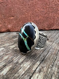 Image 1 of WL&A Handmade Heavy Ingot Black Jack Ribbon Turquoise Ring - Size 11