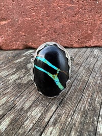 Image 2 of WL&A Handmade Heavy Ingot Black Jack Ribbon Turquoise Ring - Size 11