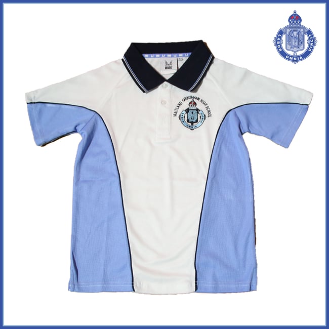 BME  - Unisex Junior Polo Shirt - White/Sky/Navy Panels $40.50