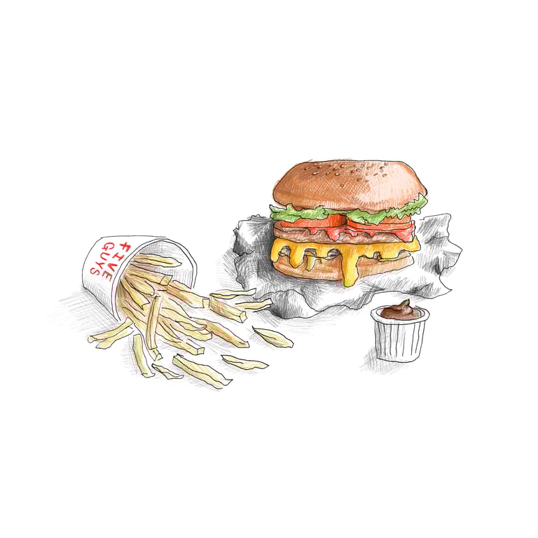 Five Guys' Cheeseburger with too many toppings to type in this box and Fries (Print)