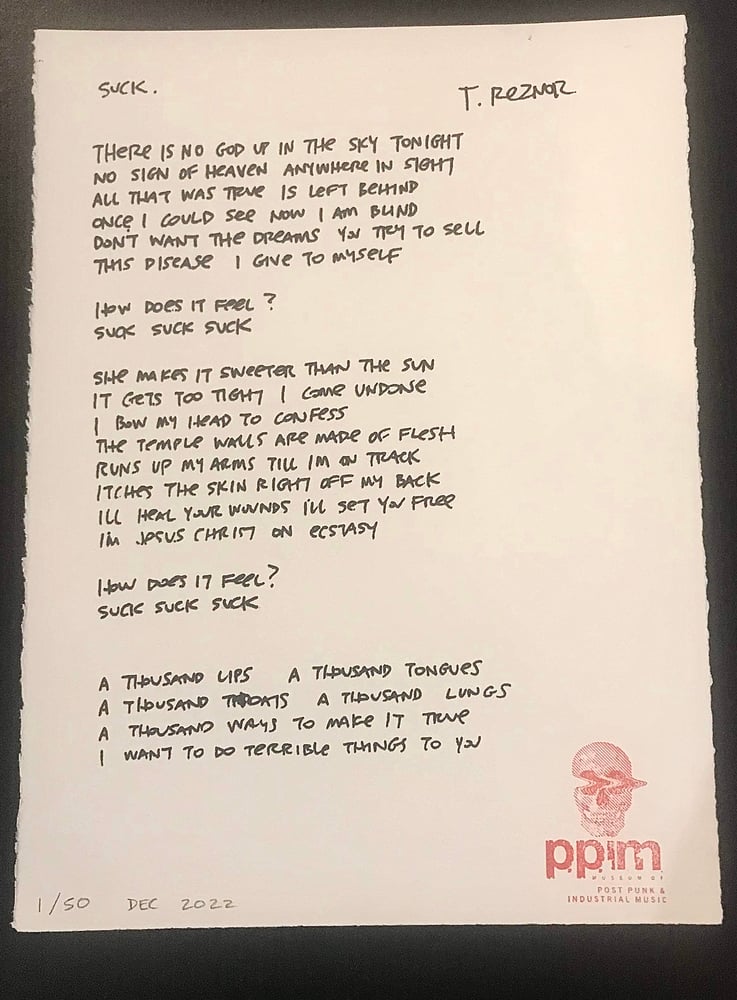 Image of Trent Reznor Handwritten Suck Lyrics Print on Museum Paper