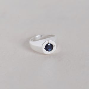 Image of Dark Blue Sapphire round cut silver signet ring