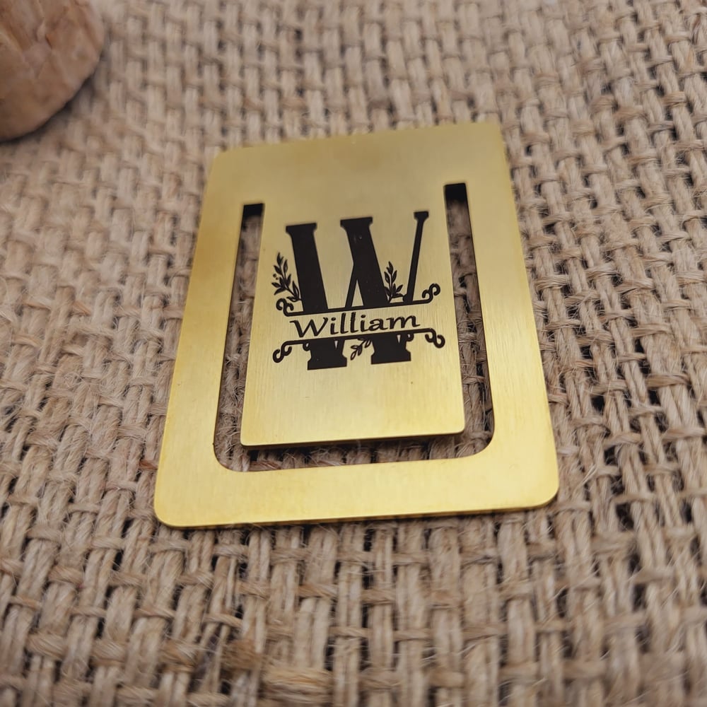 Image of Custom Monogram Initials with Name Engraved on Rectangular Metal Bookmark in Gold Tone