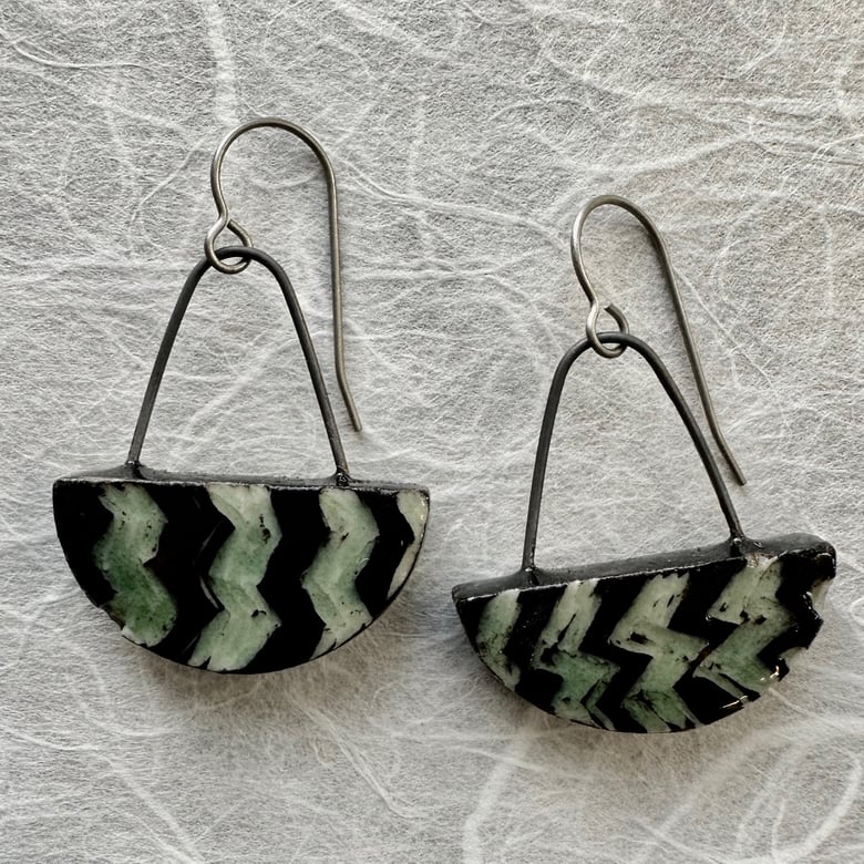 Image of Black and Celadon Zigzag Earrings