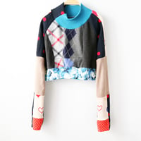 Image 2 of hearts dots plaid mix courtneycourtney SIZE 14/16 patchwork baseball raglan sleeve shrug sweater