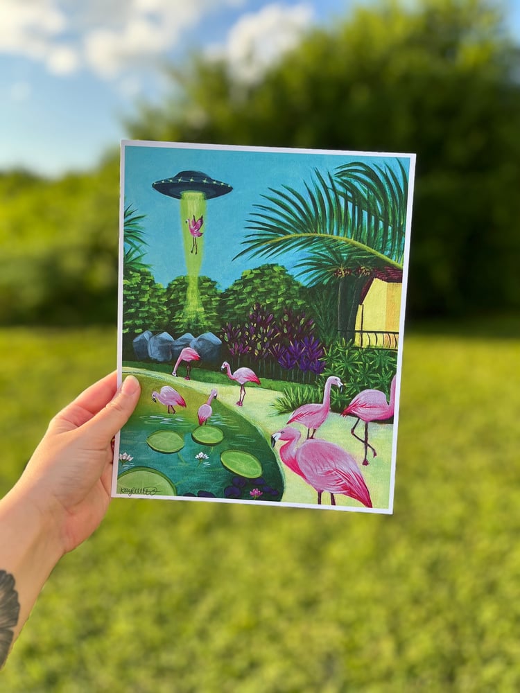 Image of “Sunken Gardens Flamingo Abduction” Print