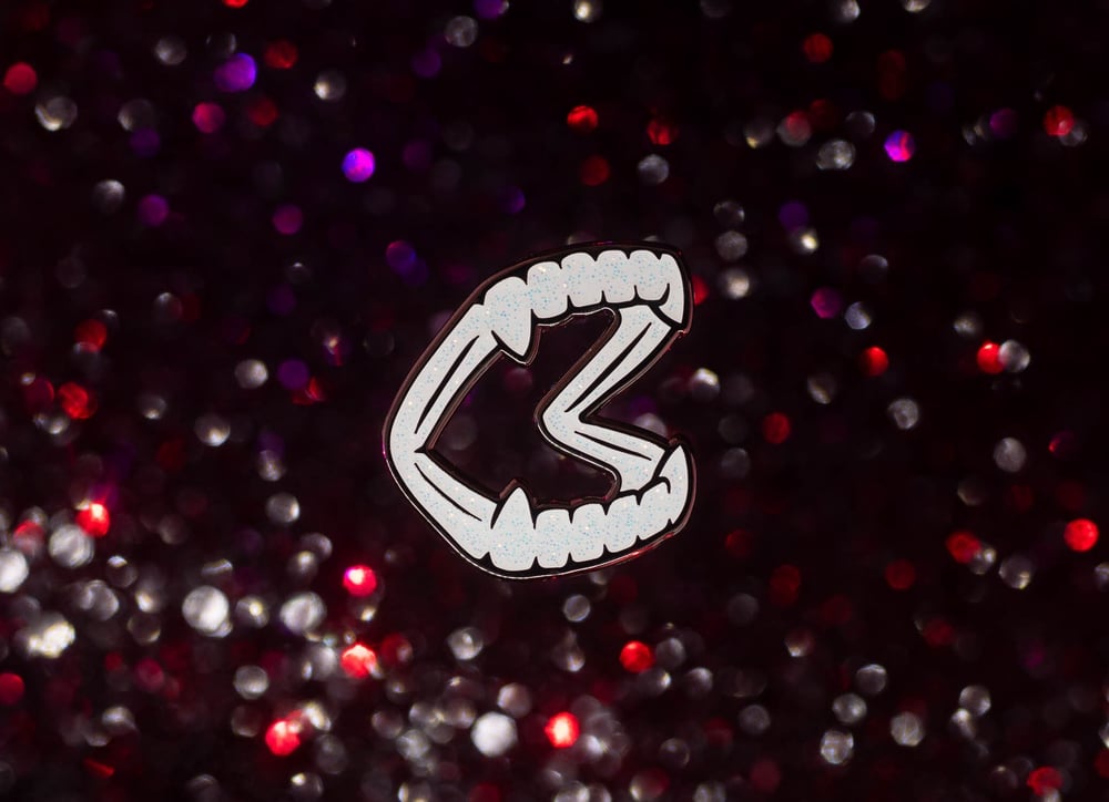 Scary Plastic Fangs Glitter Glow Enamel Pin Vampire Teeth