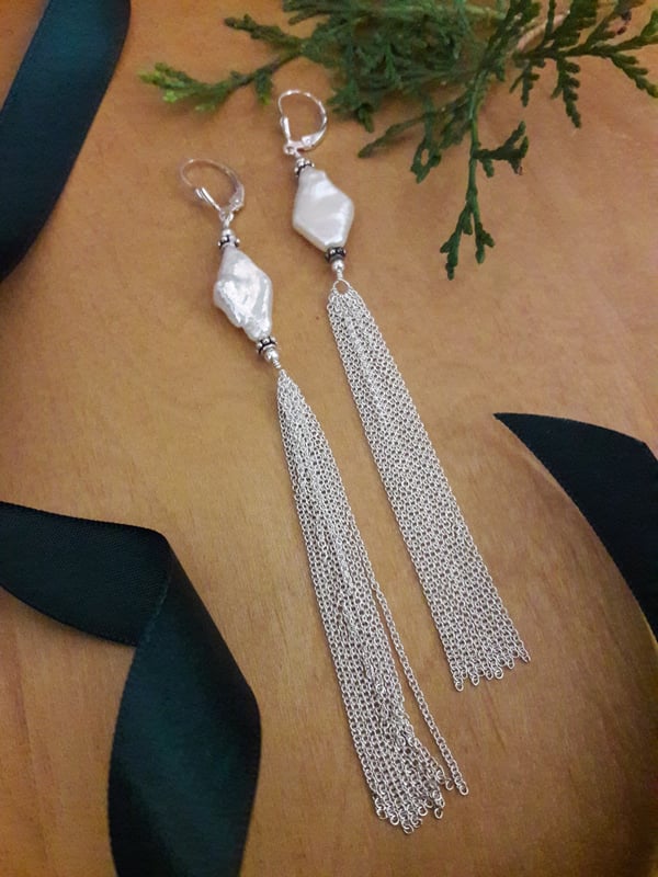Image of 7JU Freshwater Pearl Earrings with Sterling Silver Tassel