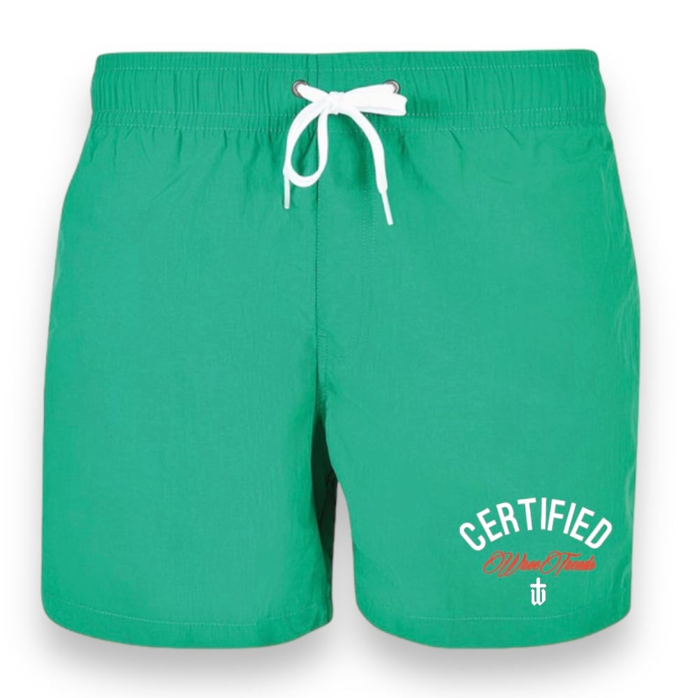 Image of GREEN/RED SWIM SHORTS
