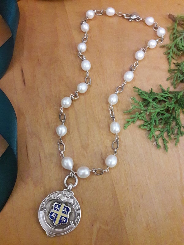 Image of 7JV White Freshwater Pearls with Blue & Yellow Enamel Fob