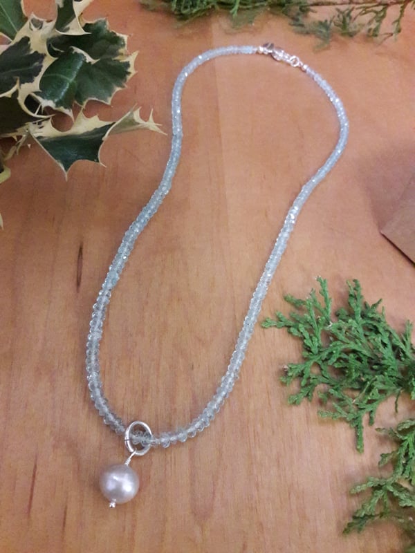 Image of 5HL Swiss Blue Topaz necklace with Gray Pearl