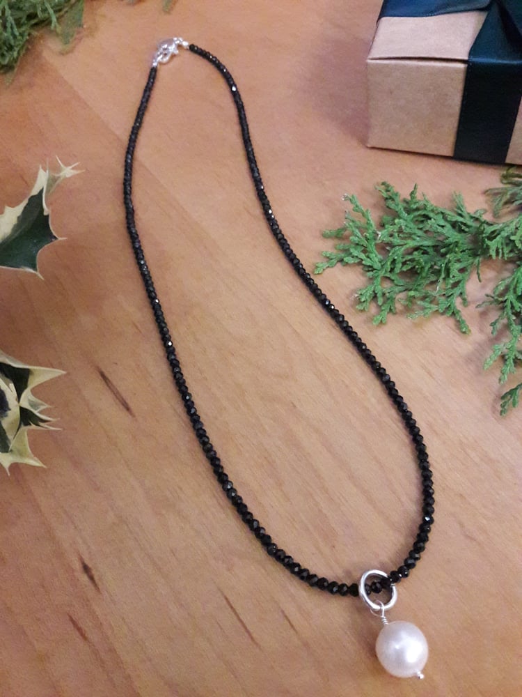 Image of 3PS Black Garnet with 10mm White Pearl Pendant