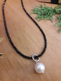 Image 2 of 3PS Black Garnet with 10mm White Pearl Pendant