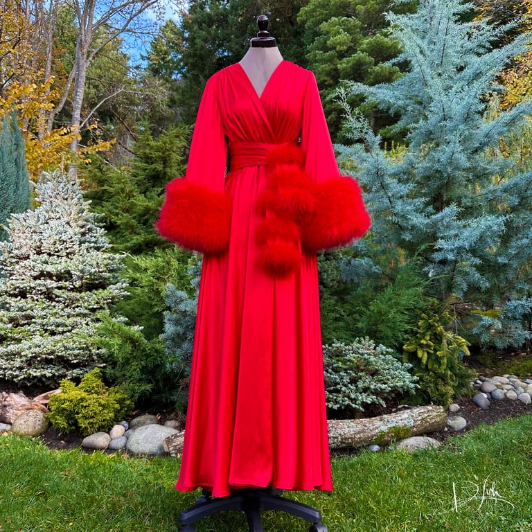 Bright Red Marabou-Cuffed "Beverly" Dressing Gown PRE-ORDER Image 2
