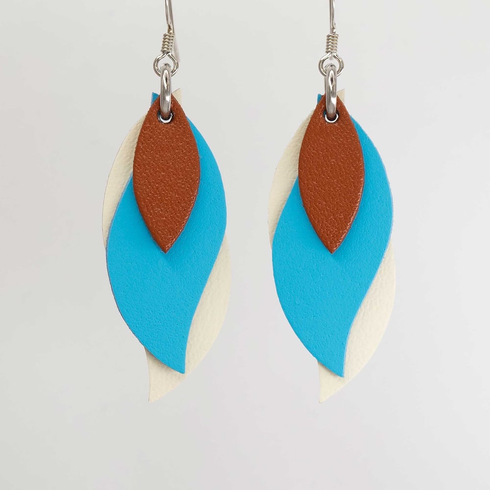 Image of Australian leather leaf earrings - Saddletan, blue, cream