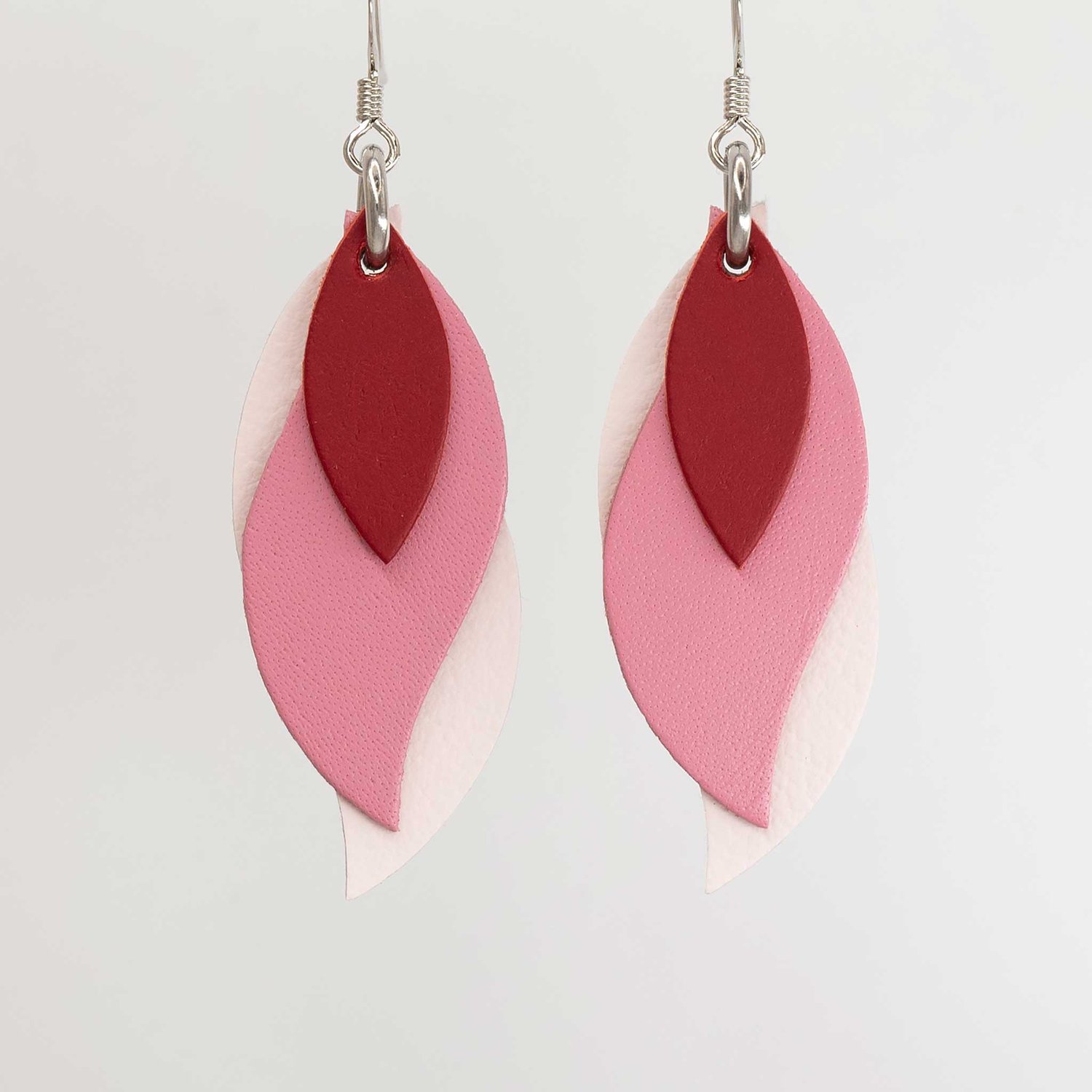Image of Australian leather leaf earrings - red, pink, soft pink