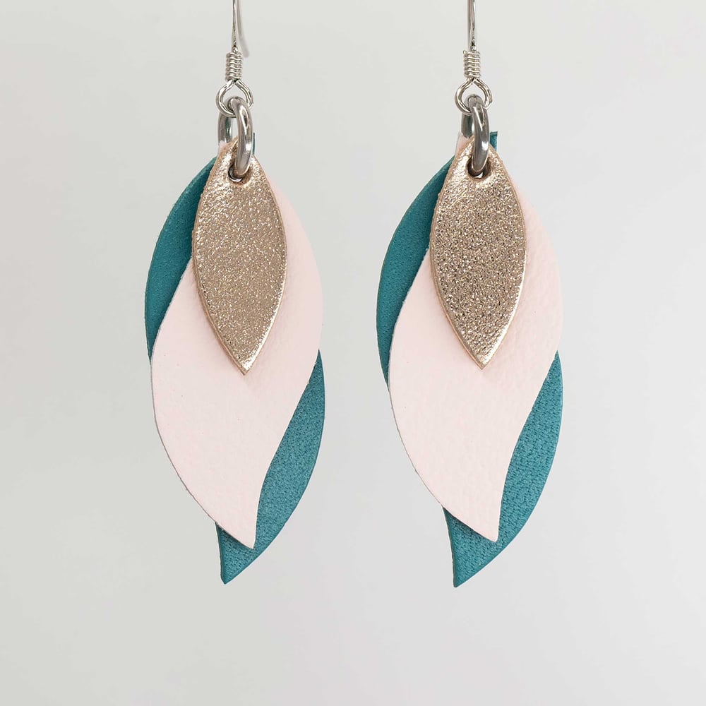 Image of Australian leather leaf earrings - Rose gold, soft pink, teal green [LPG-702]