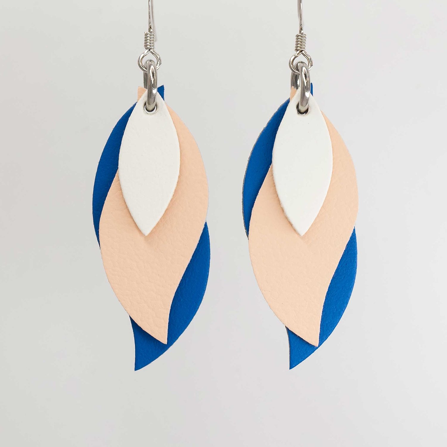 Image of Australian leather leaf earrings - White, pale peach, cobalt blue