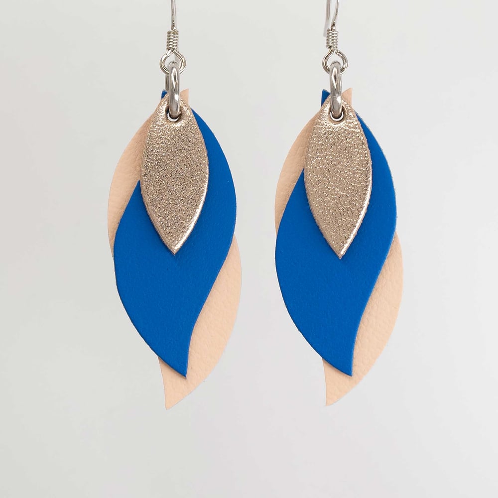 Image of Australian leather leaf earrings - Rose gold, cobalt blue, pale peach