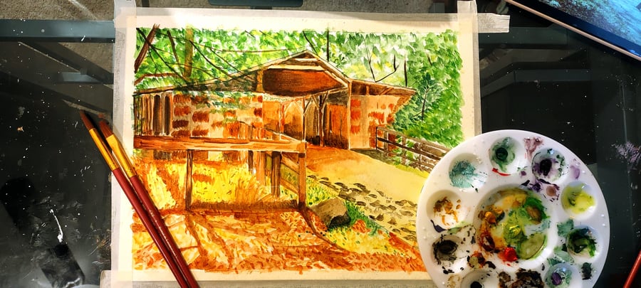 Image of "Stable in the Woods" Original Watercolor Painting 